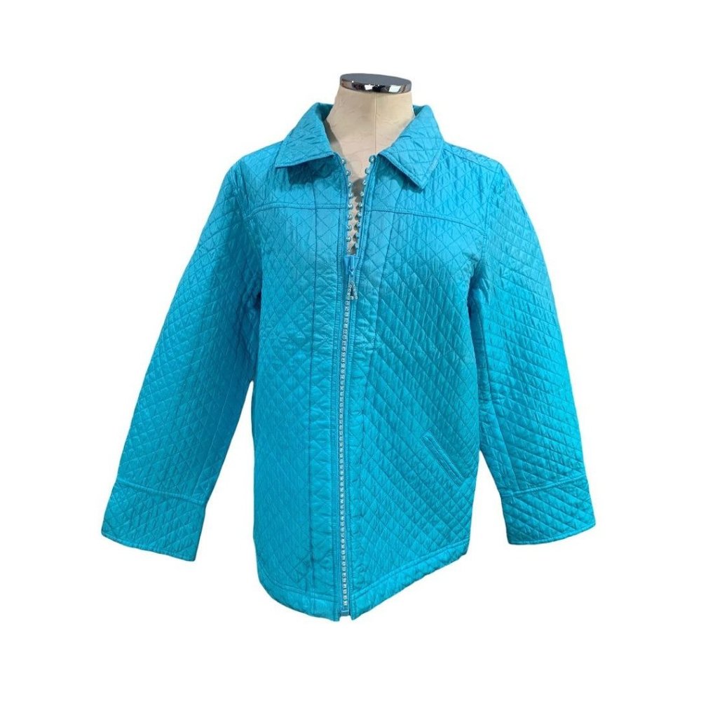 Medium The Quacker Factory Women's New Teal Quilted Jacket Full Zip Contrast Cuf